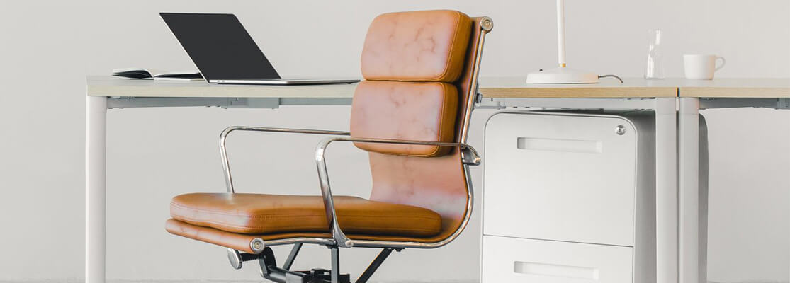 Replica della sedia da ufficio Soft Pad in similpelle consumata dei designer Charles & Ray Eames.